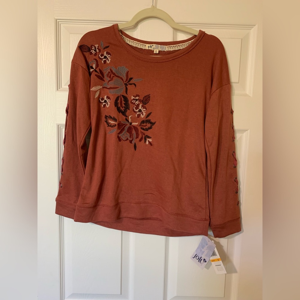 NWT Jolie Rust Floral Embroidered Lace Up Long Sleeve Blouse S Chic Coquette